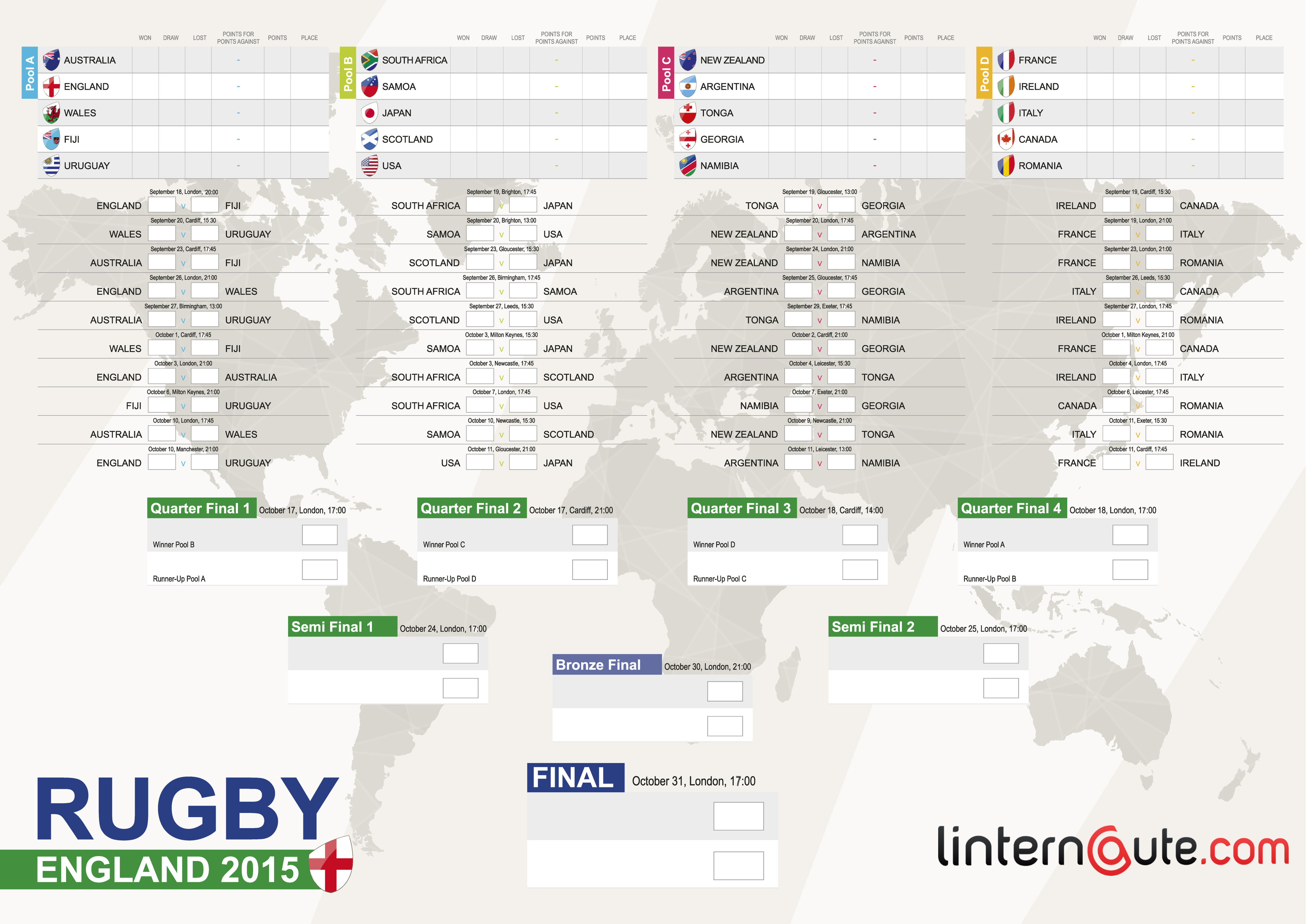 Mondial de rugby 2015 [TABLEAU] : le calendrier des matchs à télécharger en  PDF