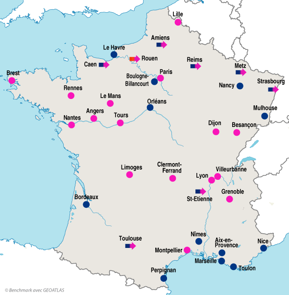 Municipales - Carte de France des résultats dans les villes de plus de 100  000 habitants
